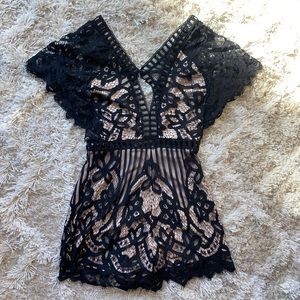 Nude Illusion & Black Lace Overlay Romper